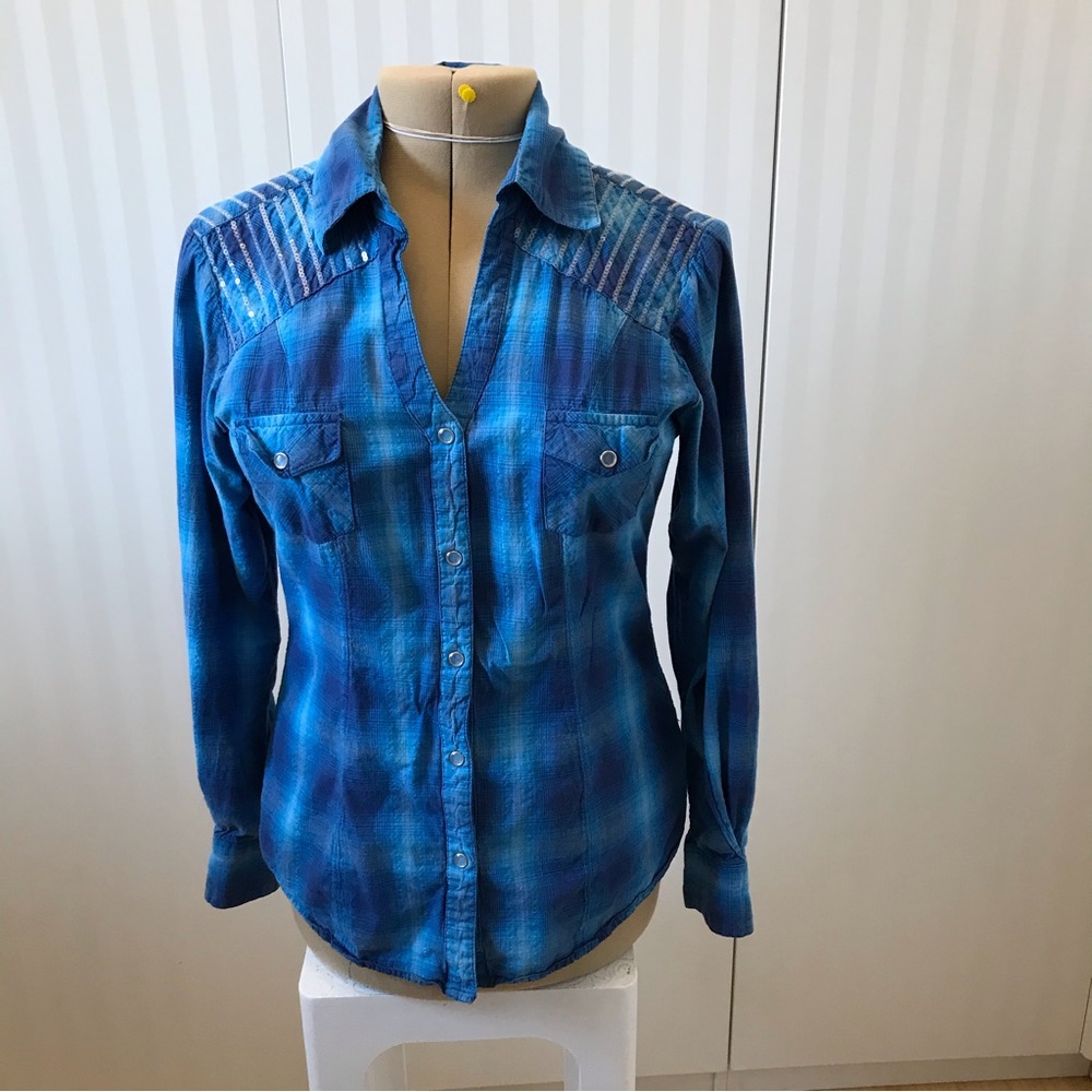 Panhandle Slim blue check sequin fancy snap button down Size L